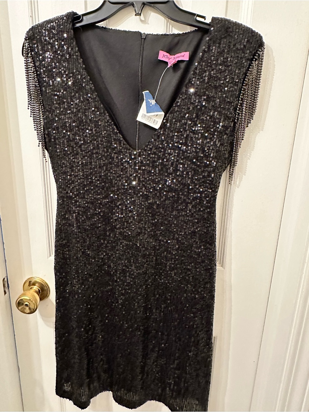 Betsey Johnson Black Sequin V-Neck Mini Dress with Fringe Sleeves